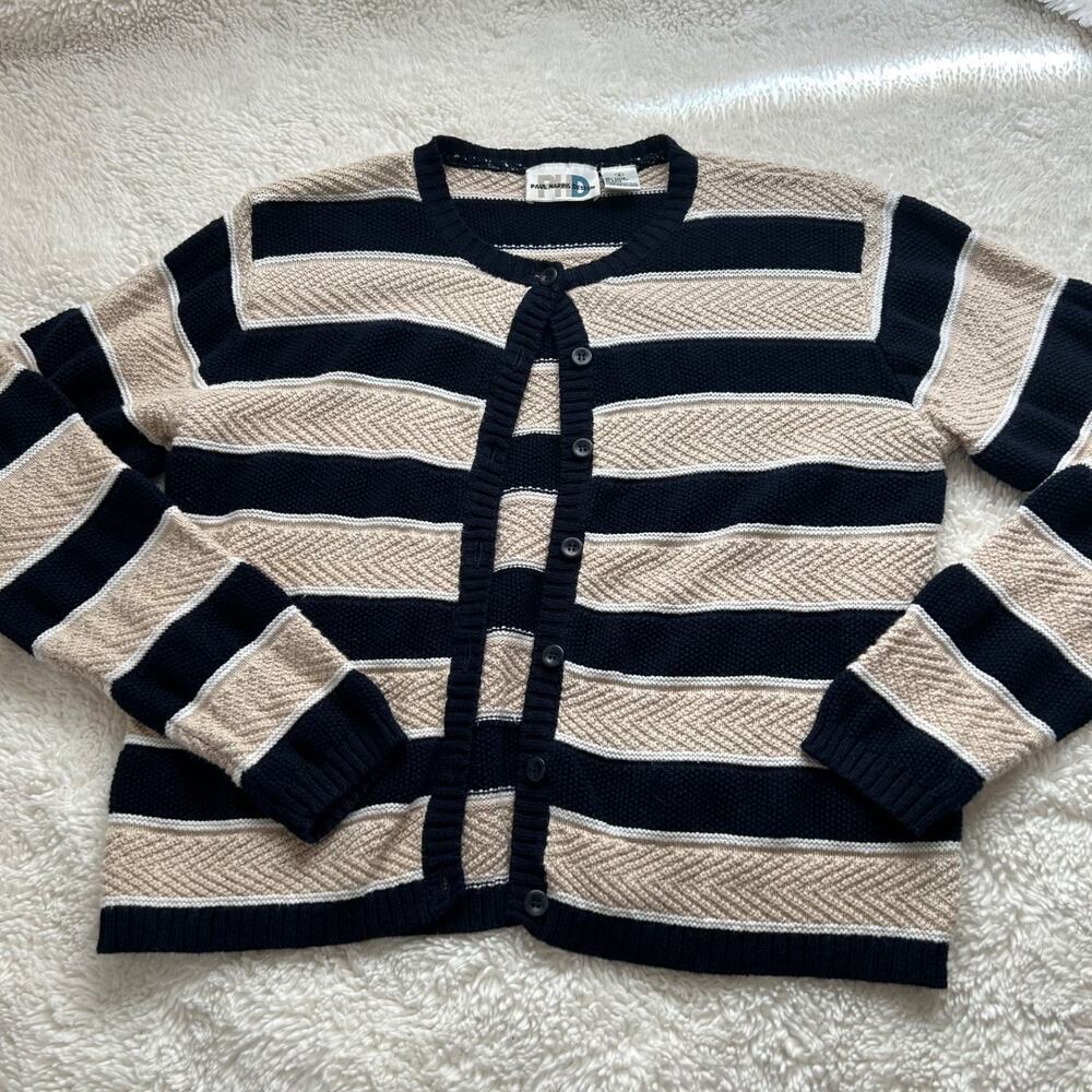 Neutral Cardigan Navy Cream Sz S Cottage Country Knit Strips Soft Girl Grandma